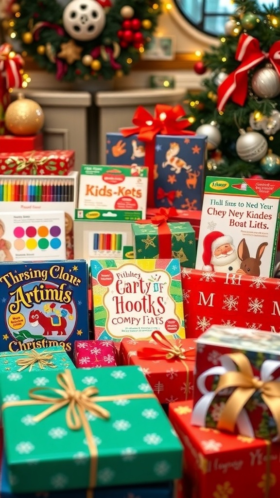 A collection of Christmas gifts for 6th graders, including art supplies, books, and games, wrapped in colorful paper.